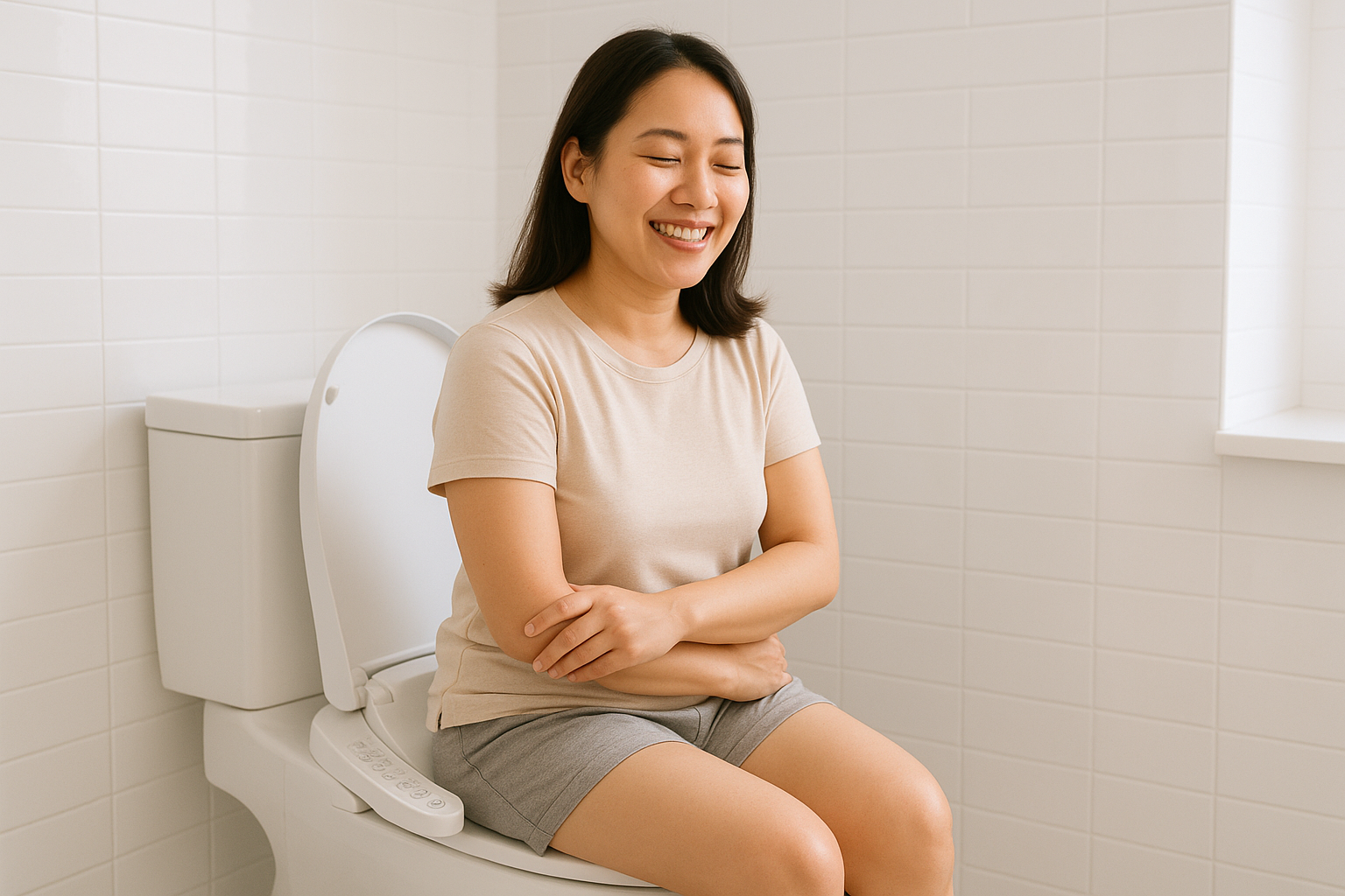 asia lady happy using toilet seat bidet